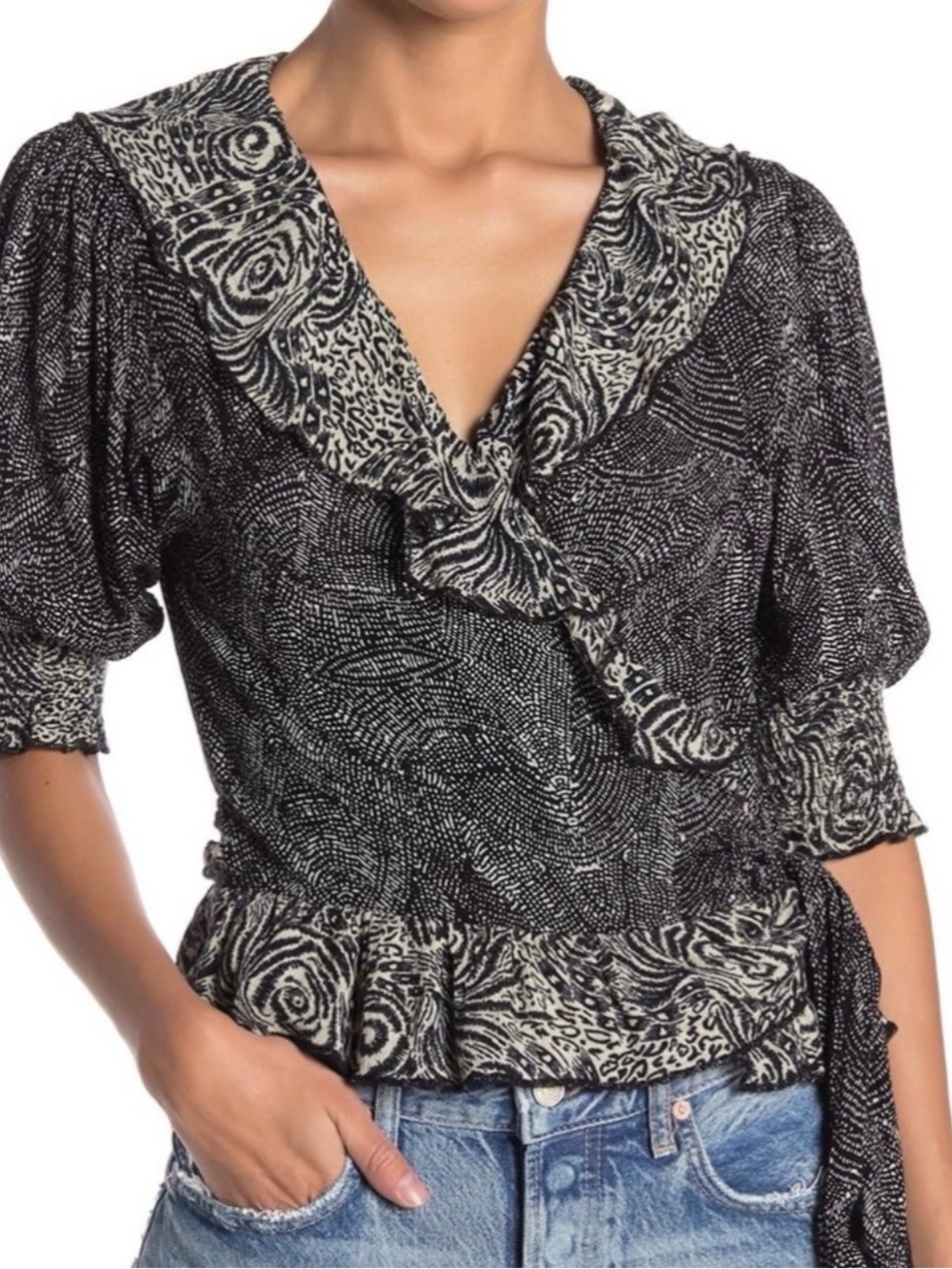 Free People Black and Cream Printed Ruffle V-Neck Blouse